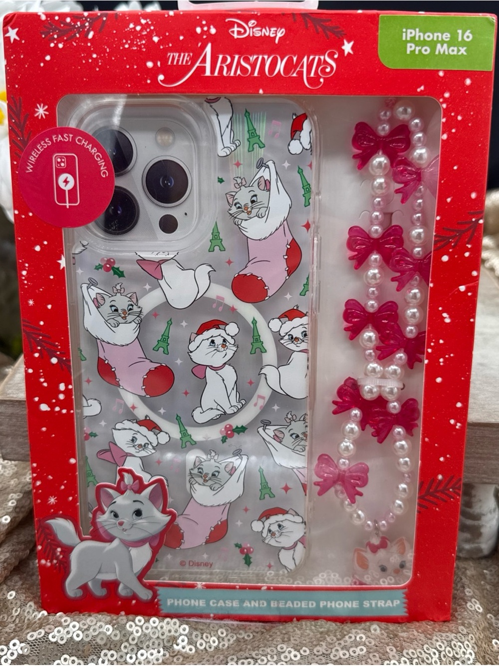 NIB Disney Aristocats Christmas Apple iPhone Case & Beaded Strap 16 Pro Max